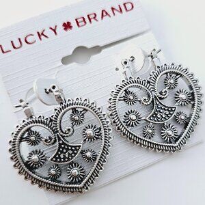 Lucky Brand Filigree Bohemian Western Cutout Open Work Heart Hoop Earrings NEW